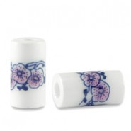 Abalorio de cerámica tubo 11x6mm - Blanco-rosa amanecer brillante